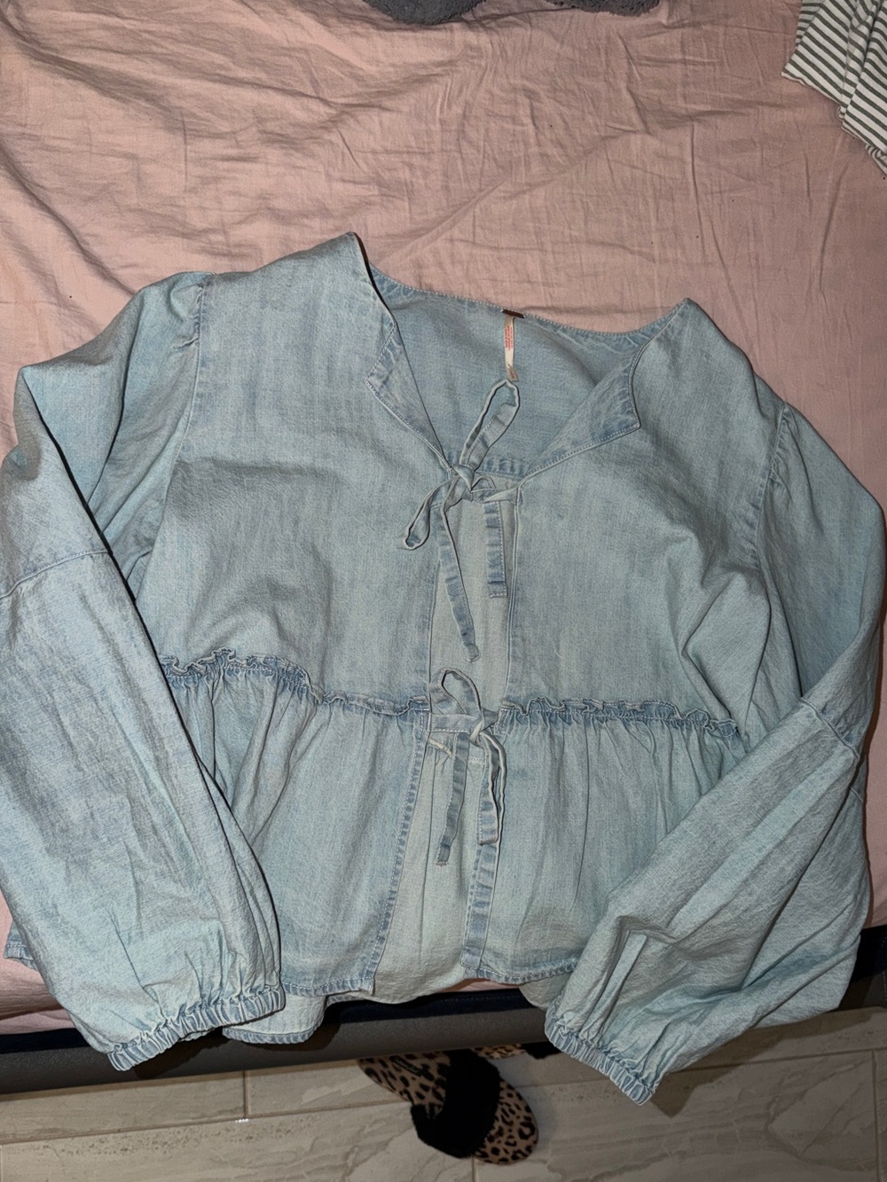FREE PEOPLE Light Blue Denim Tie-Front Peplum Top NWOT